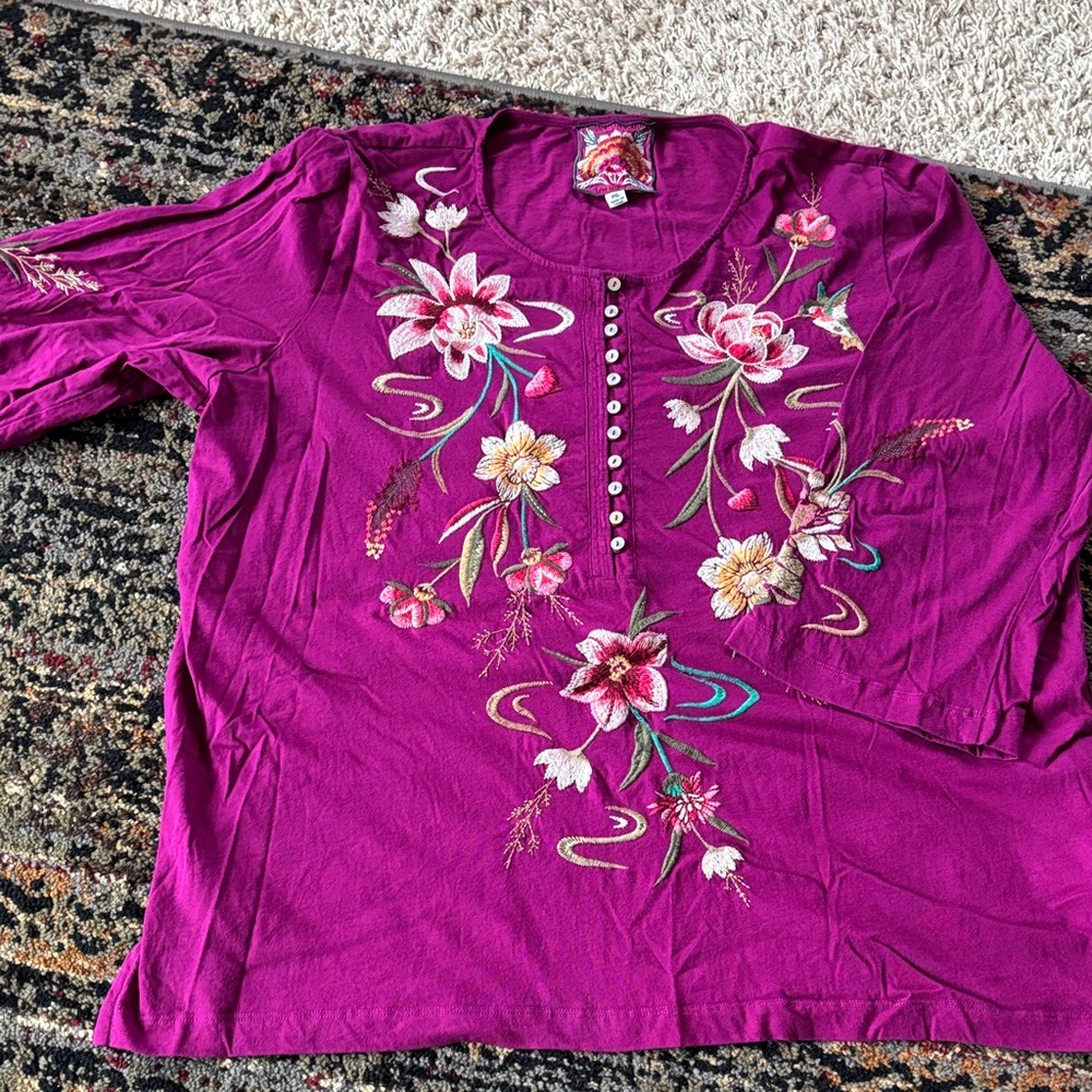Johnny Was Purple Floral Embroidered Blouse
